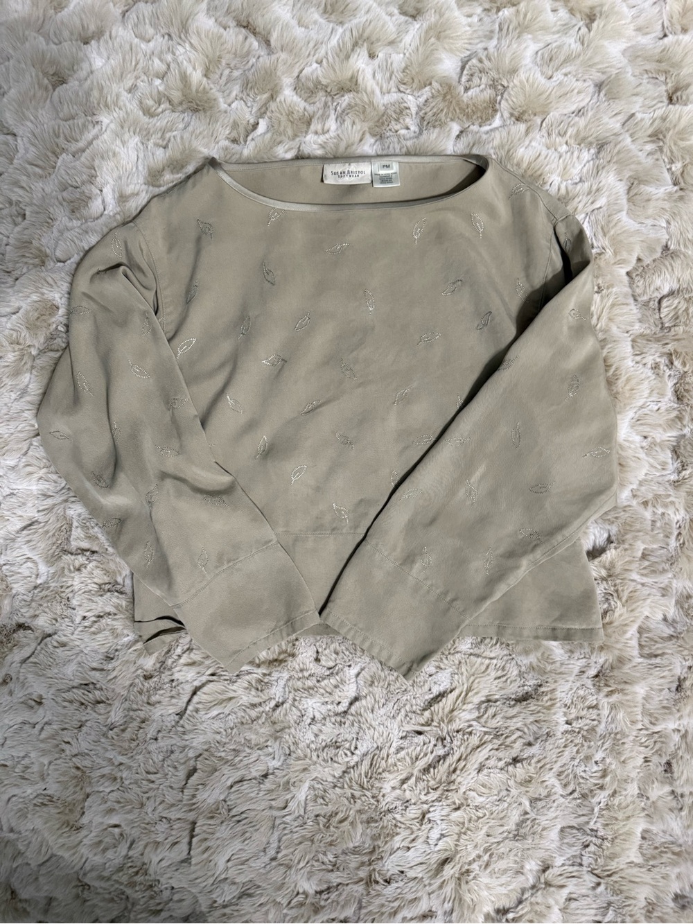 Vintage Susan Bristol Olive Green Embroidered Boatneck Long-Sleeve Top